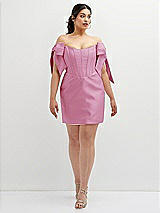 Alt View 2 Thumbnail - Powder Pink Satin Off-the-Shoulder Bow Corset Fit and Flare Mini Dress