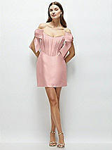 Front View Thumbnail - Rose - PANTONE Rose Quartz Satin Off-the-Shoulder Bow Corset Fit and Flare Mini Dress