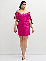 Alt View 2 Thumbnail - Think Pink Satin Off-the-Shoulder Bow Corset Fit and Flare Mini Dress