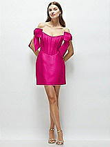 Front View Thumbnail - Think Pink Satin Off-the-Shoulder Bow Corset Fit and Flare Mini Dress