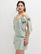 Alt View 1 Thumbnail - Willow Green Satin Off-the-Shoulder Bow Corset Fit and Flare Mini Dress