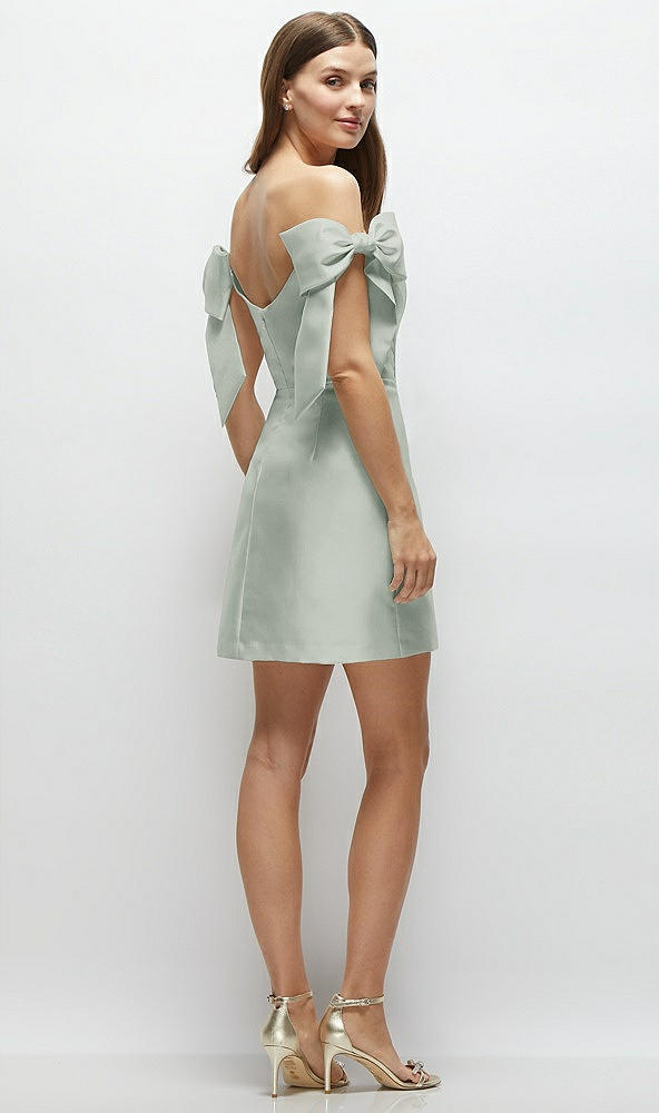 Back View - Willow Green Satin Off-the-Shoulder Bow Corset Fit and Flare Mini Dress