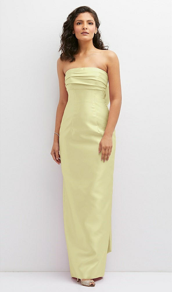 Front View - Butter Yellow Strapless Draped Bodice Column Dress with Oversized Bow