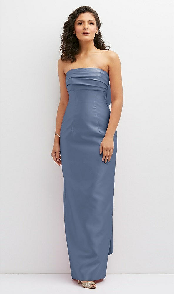 Front View - Larkspur Blue Strapless Draped Bodice Column Dress with Oversized Bow