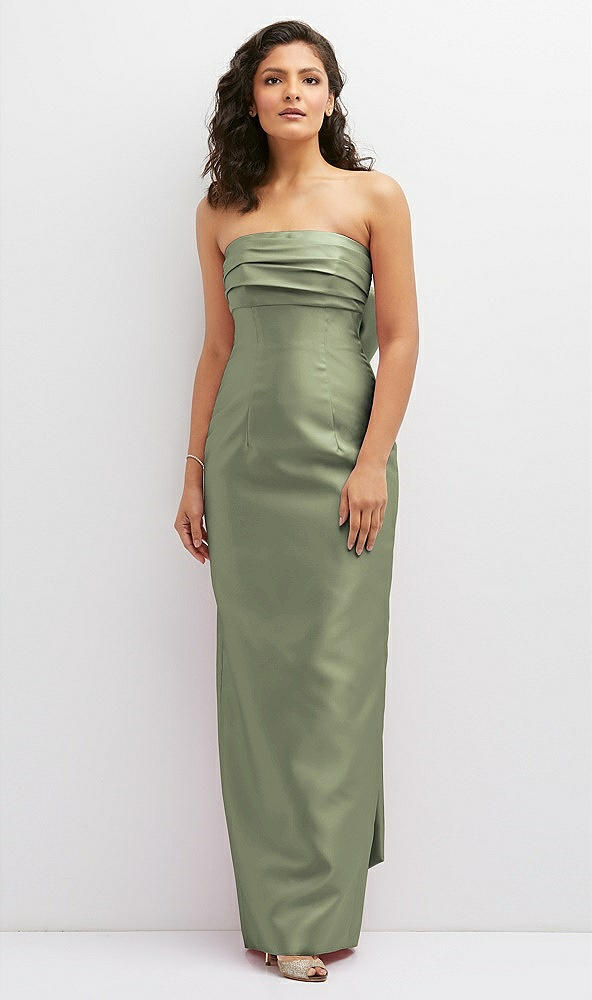 Front View - Sage Strapless Draped Bodice Column Dress with Oversized Bow