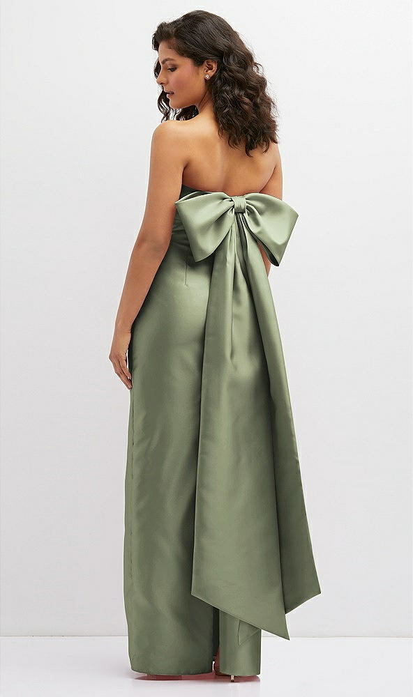 Back View - Sage Strapless Draped Bodice Column Dress with Oversized Bow