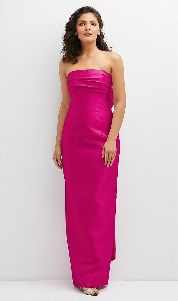 Front View - Think Pink Strapless Draped Bodice Column Dress with Oversized Bow