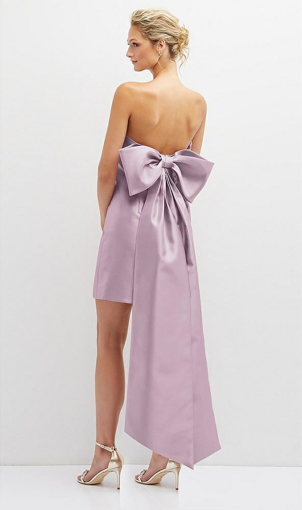 Back View - Suede Rose Strapless Satin Column Mini Dress with Oversized Bow