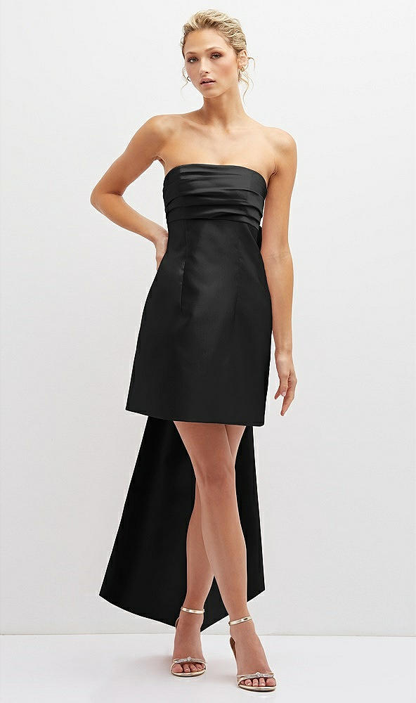 Front View - Black Strapless Satin Column Mini Dress with Oversized Bow