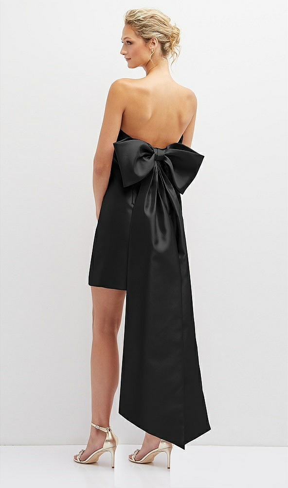 Back View - Black Strapless Satin Column Mini Dress with Oversized Bow