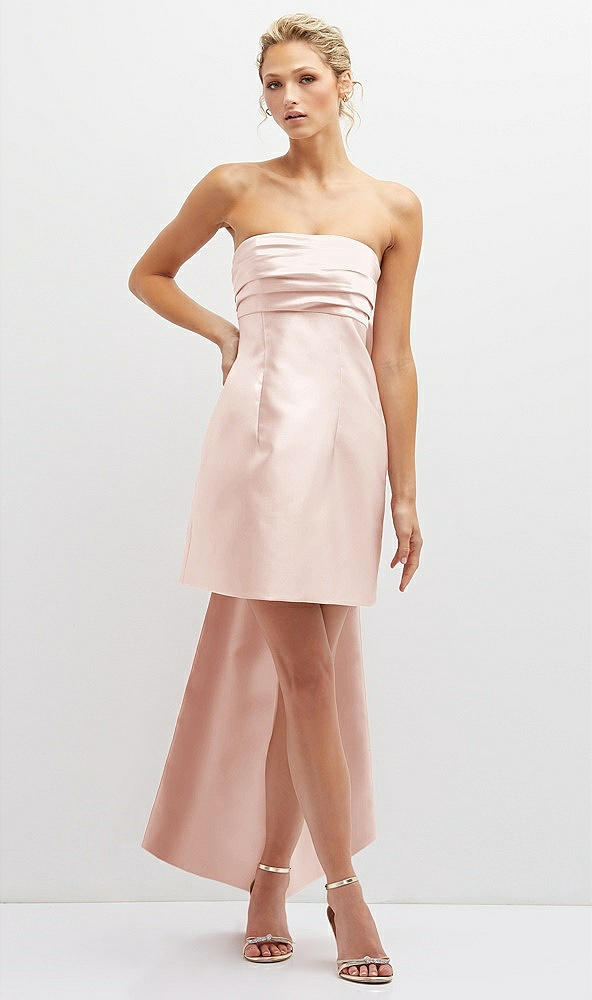 Front View - Blush Strapless Satin Column Mini Dress with Oversized Bow