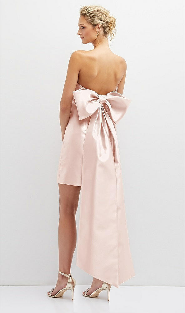 Back View - Blush Strapless Satin Column Mini Dress with Oversized Bow