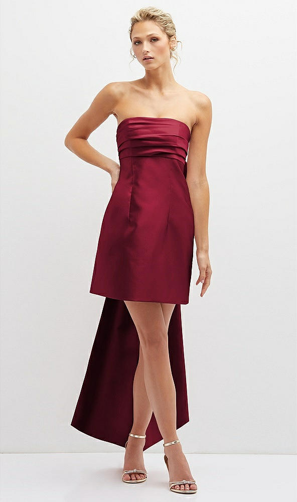 Front View - Burgundy Strapless Satin Column Mini Dress with Oversized Bow