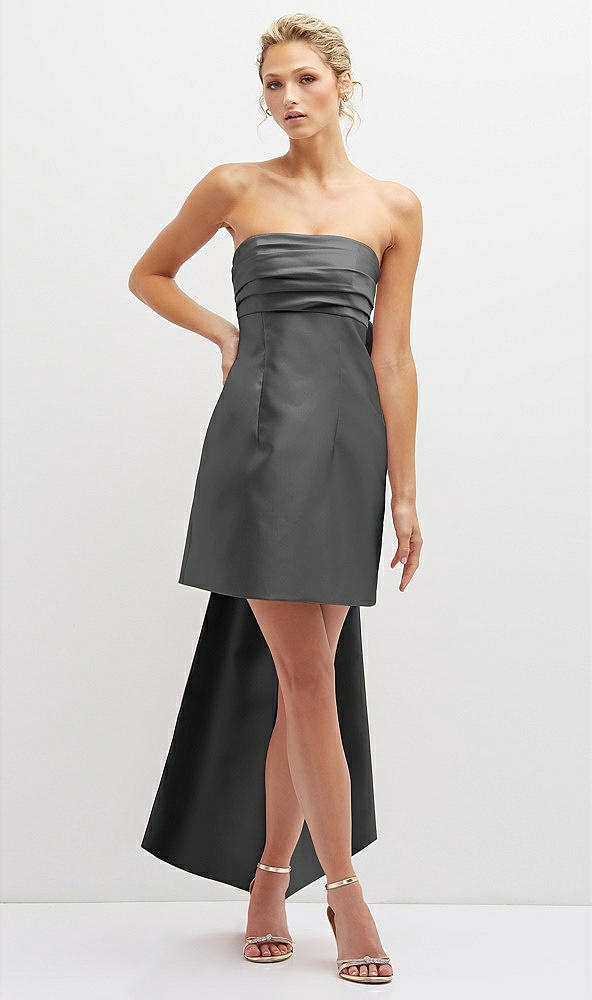 Front View - Gunmetal Strapless Satin Column Mini Dress with Oversized Bow