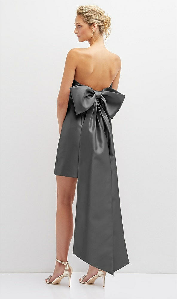 Back View - Gunmetal Strapless Satin Column Mini Dress with Oversized Bow