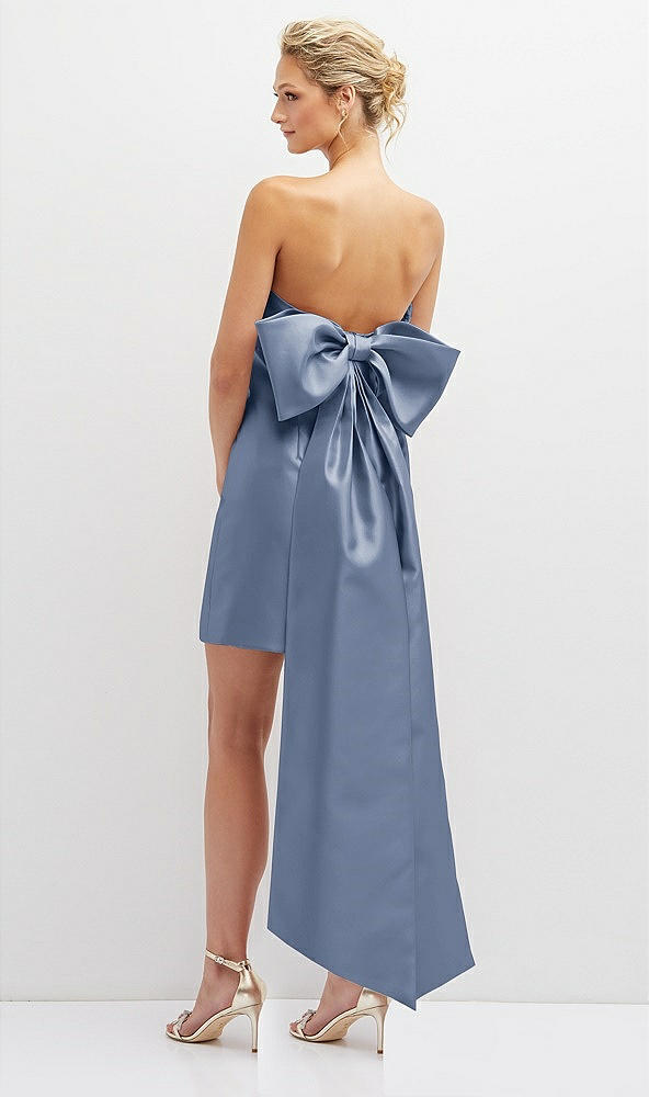 Back View - Larkspur Blue Strapless Satin Column Mini Dress with Oversized Bow