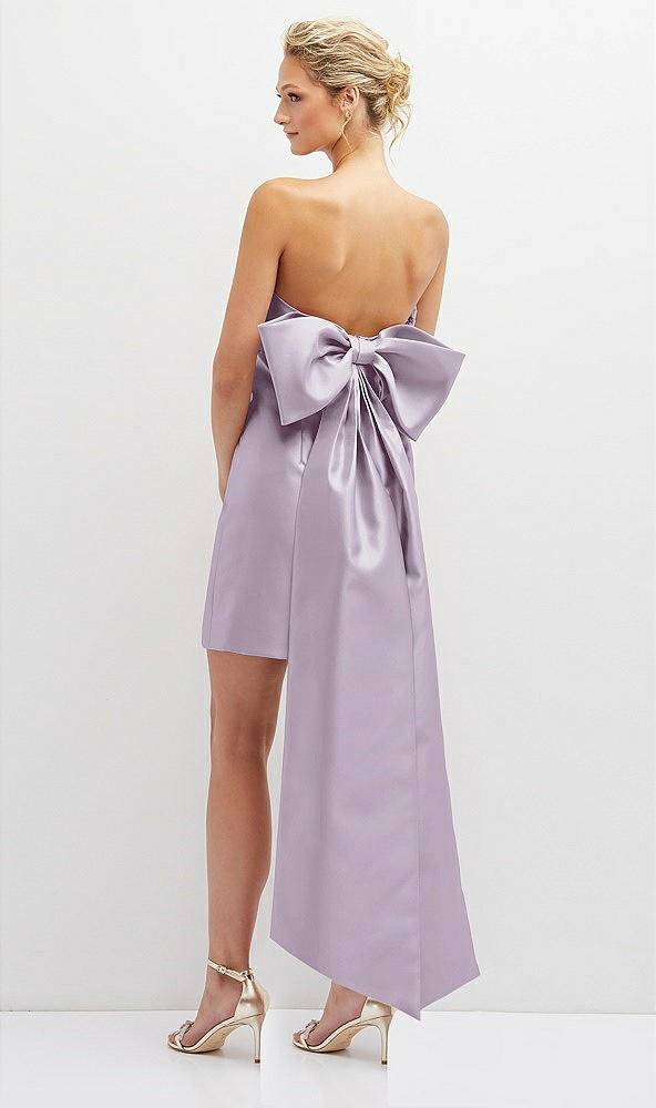 Back View - Lilac Haze Strapless Satin Column Mini Dress with Oversized Bow