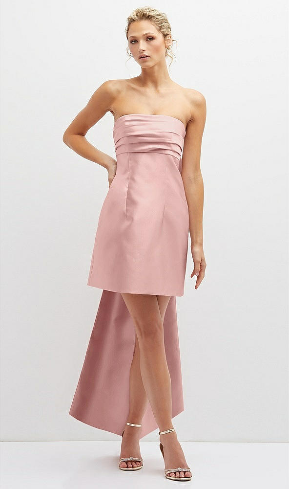 Front View - Rose - PANTONE Rose Quartz Strapless Satin Column Mini Dress with Oversized Bow