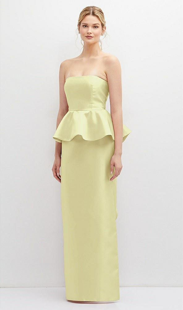 Front View - Butter Yellow Strapless Satin Maxi Dress with Cascade Ruffle Peplum Detail