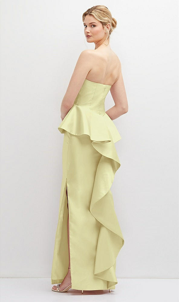 Back View - Butter Yellow Strapless Satin Maxi Dress with Cascade Ruffle Peplum Detail