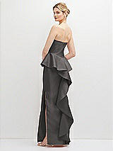 Rear View Thumbnail - Caviar Gray Strapless Satin Maxi Dress with Cascade Ruffle Peplum Detail