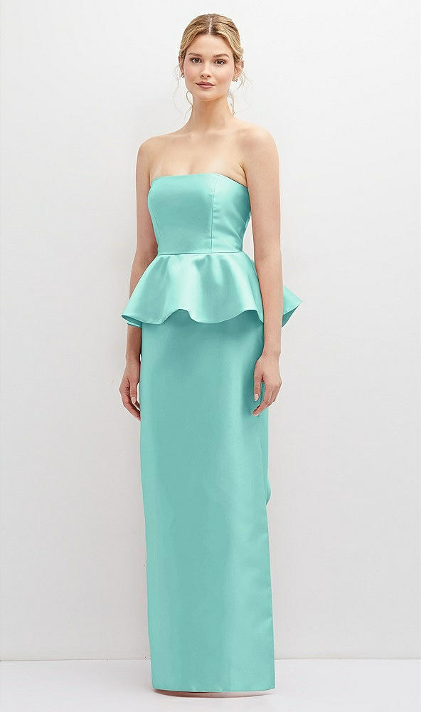 Front View - Coastal Strapless Satin Maxi Dress with Cascade Ruffle Peplum Detail