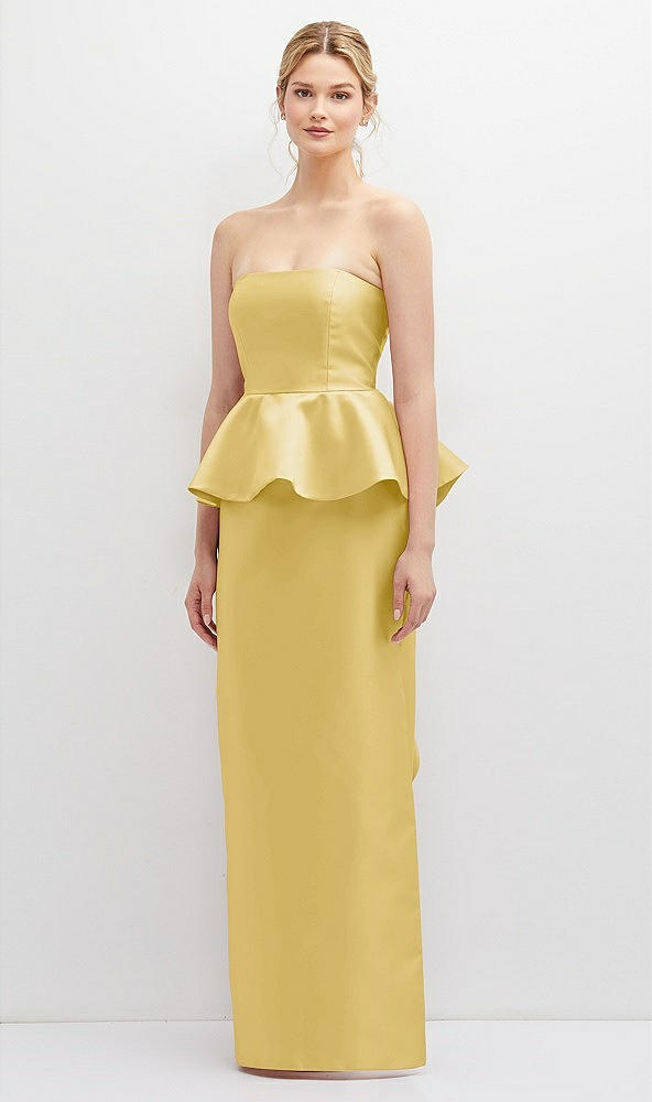 Front View - Maize Strapless Satin Maxi Dress with Cascade Ruffle Peplum Detail