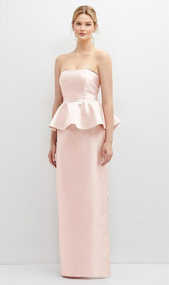 Front View - Blush Strapless Satin Maxi Dress with Cascade Ruffle Peplum Detail