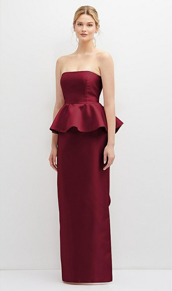 Front View - Burgundy Strapless Satin Maxi Dress with Cascade Ruffle Peplum Detail