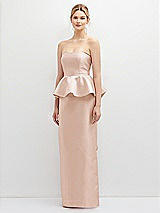 Front View Thumbnail - Cameo Strapless Satin Maxi Dress with Cascade Ruffle Peplum Detail