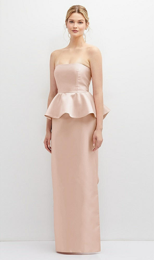 Front View - Cameo Strapless Satin Maxi Dress with Cascade Ruffle Peplum Detail