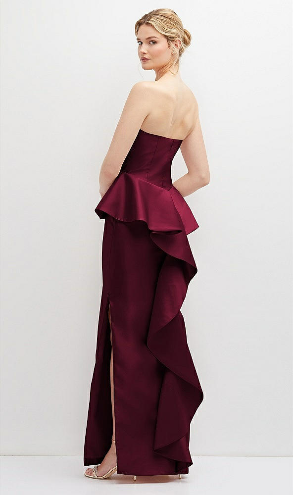 Back View - Cabernet Strapless Satin Maxi Dress with Cascade Ruffle Peplum Detail