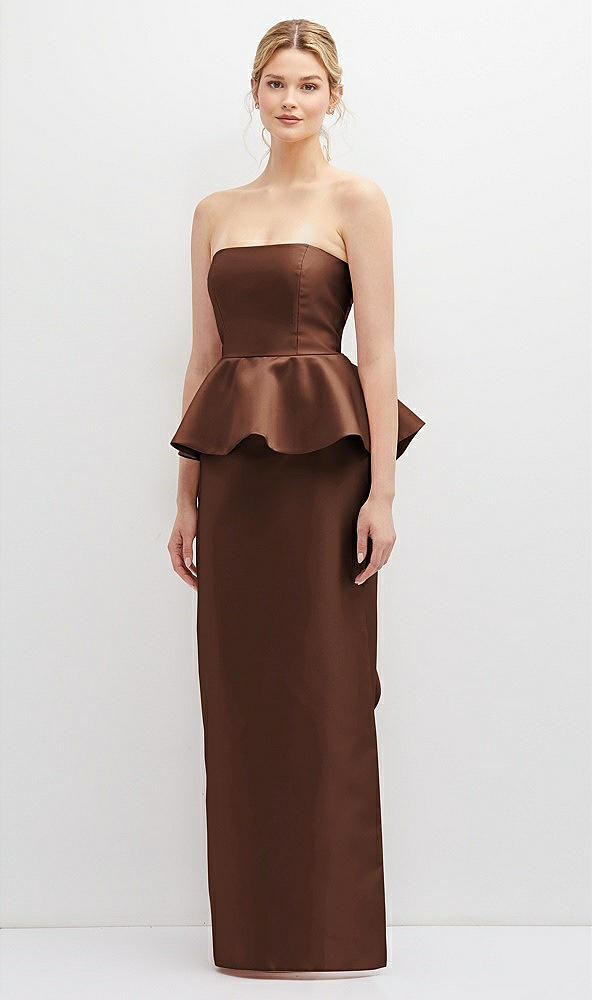 Front View - Cognac Strapless Satin Maxi Dress with Cascade Ruffle Peplum Detail