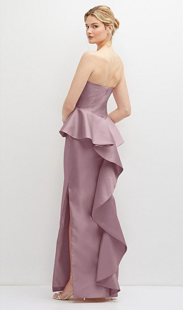 Back View - Dusty Rose Strapless Satin Maxi Dress with Cascade Ruffle Peplum Detail