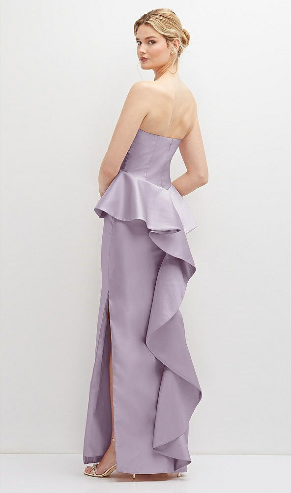 Back View - Lilac Haze Strapless Satin Maxi Dress with Cascade Ruffle Peplum Detail