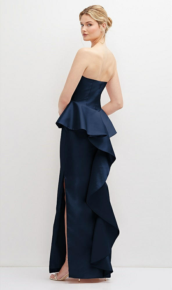 Back View - Midnight Navy Strapless Satin Maxi Dress with Cascade Ruffle Peplum Detail