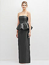 Front View Thumbnail - Pewter Strapless Satin Maxi Dress with Cascade Ruffle Peplum Detail