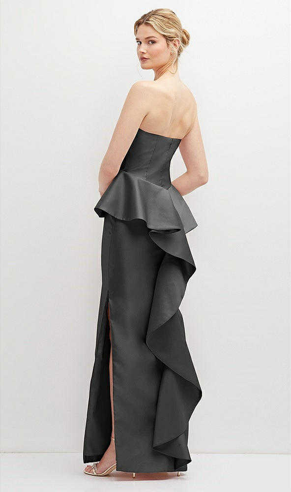 Back View - Pewter Strapless Satin Maxi Dress with Cascade Ruffle Peplum Detail