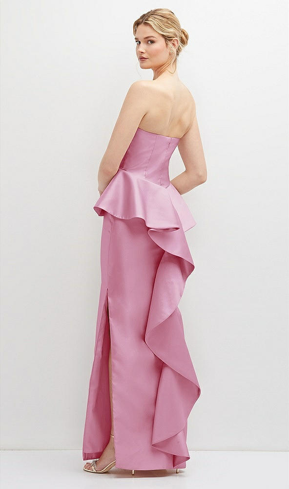 Back View - Powder Pink Strapless Satin Maxi Dress with Cascade Ruffle Peplum Detail