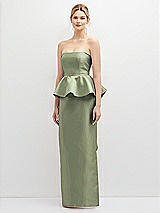 Front View Thumbnail - Sage Strapless Satin Maxi Dress with Cascade Ruffle Peplum Detail