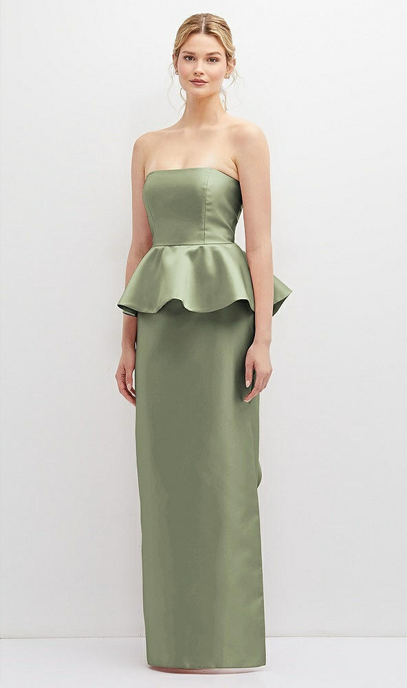 Front View - Sage Strapless Satin Maxi Dress with Cascade Ruffle Peplum Detail