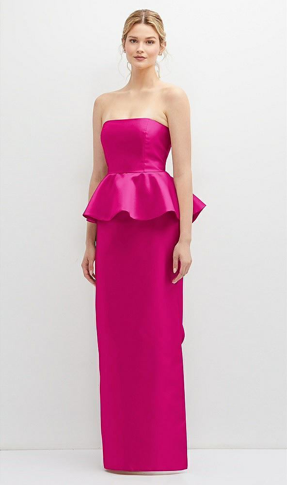 Front View - Think Pink Strapless Satin Maxi Dress with Cascade Ruffle Peplum Detail