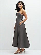 Side View Thumbnail - Caviar Gray Draped Bodice Strapless Satin Midi Dress with Full Circle Skirt