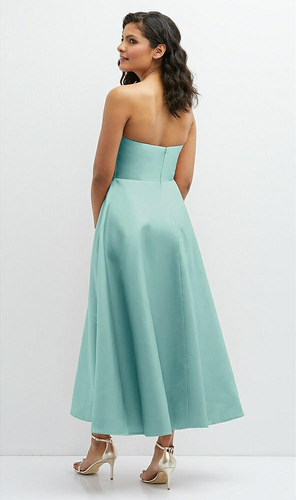 Back View - Coastal Draped Bodice Strapless Satin Midi Dress with Full Circle Skirt