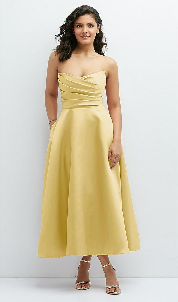 Front View - Maize Draped Bodice Strapless Satin Midi Dress with Full Circle Skirt