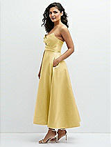 Side View Thumbnail - Maize Draped Bodice Strapless Satin Midi Dress with Full Circle Skirt