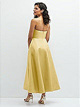 Rear View Thumbnail - Maize Draped Bodice Strapless Satin Midi Dress with Full Circle Skirt