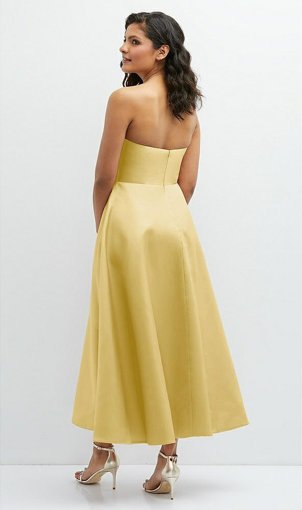 Back View - Maize Draped Bodice Strapless Satin Midi Dress with Full Circle Skirt