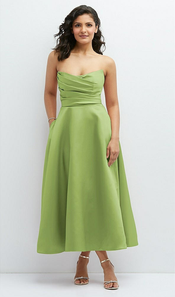 Front View - Mojito Draped Bodice Strapless Satin Midi Dress with Full Circle Skirt