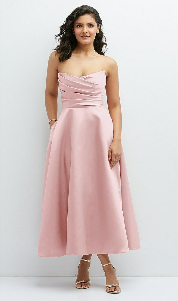 Front View - Ballet Pink Draped Bodice Strapless Satin Midi Dress with Full Circle Skirt